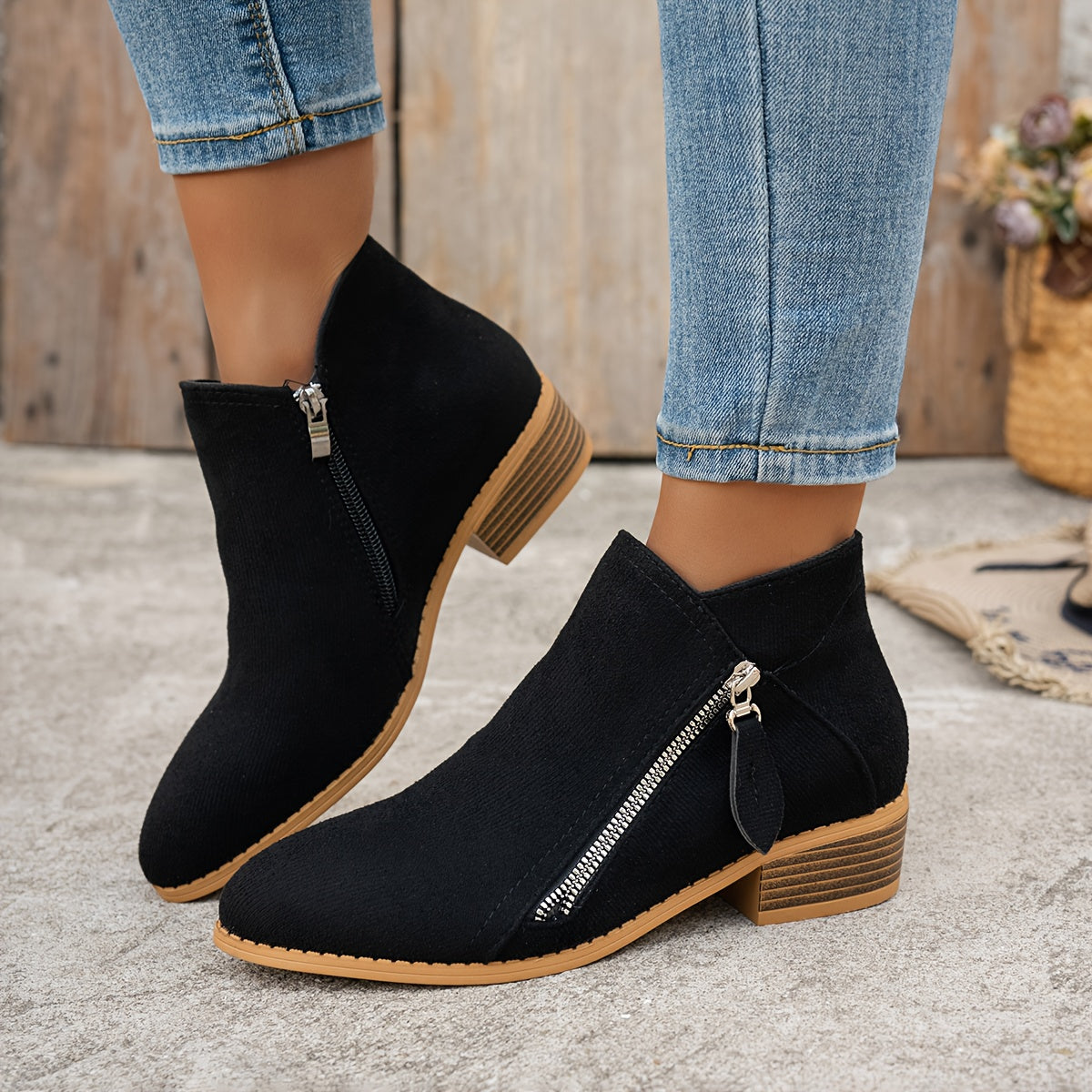 Women's Fashion Ankle Boots Solid Color Mid Heel Casual Slip-Ons