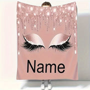 Pink Fleece Throw Blanket with Eyes Print Personalized Soft Warm for Sofa Bed Travel