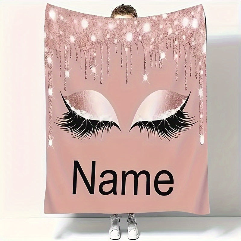 Pink Fleece Throw Blanket with Eyes Print Personalized Soft Warm for Sofa Bed Travel