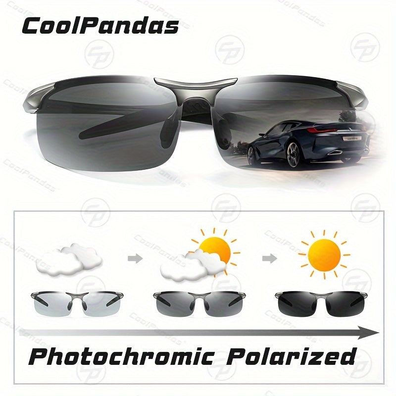 Men's Aluminum Rimless Photochromic Glasses Polarized Day Night Driving Anti-Glare