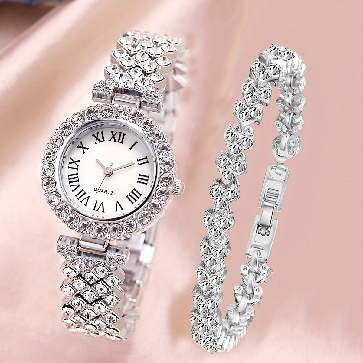 Women's Wrist Watches Set with Rhinestones and Stainless Steel Bands