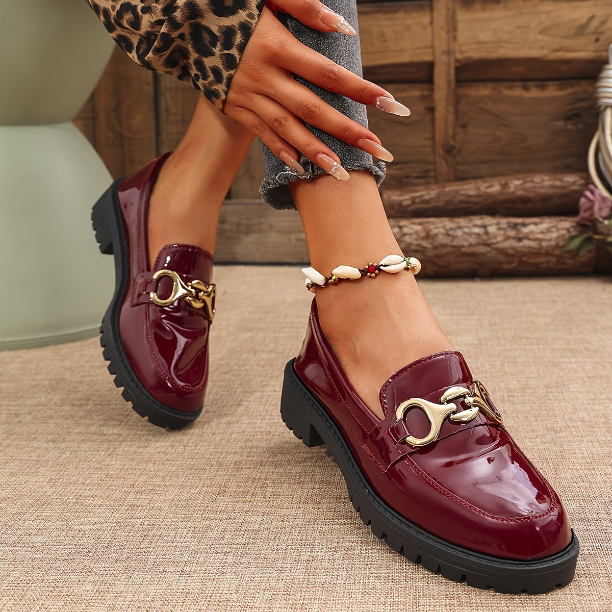 Women's Glossy Red Synthetic Penny Loafers Slip-On Shoes with Cushioned Sole