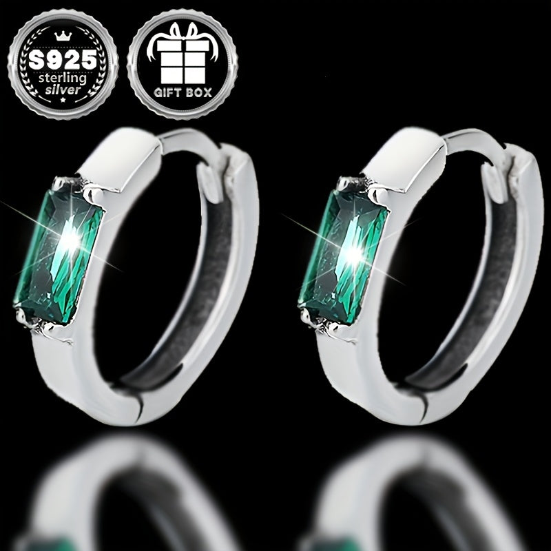 Unisex Sterling Silver Earrings with Green Zirconia Square Inlay