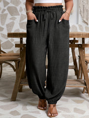 Pantalones casual de talla grande para mujer con cintura elástica y aspecto de arpillera falsa