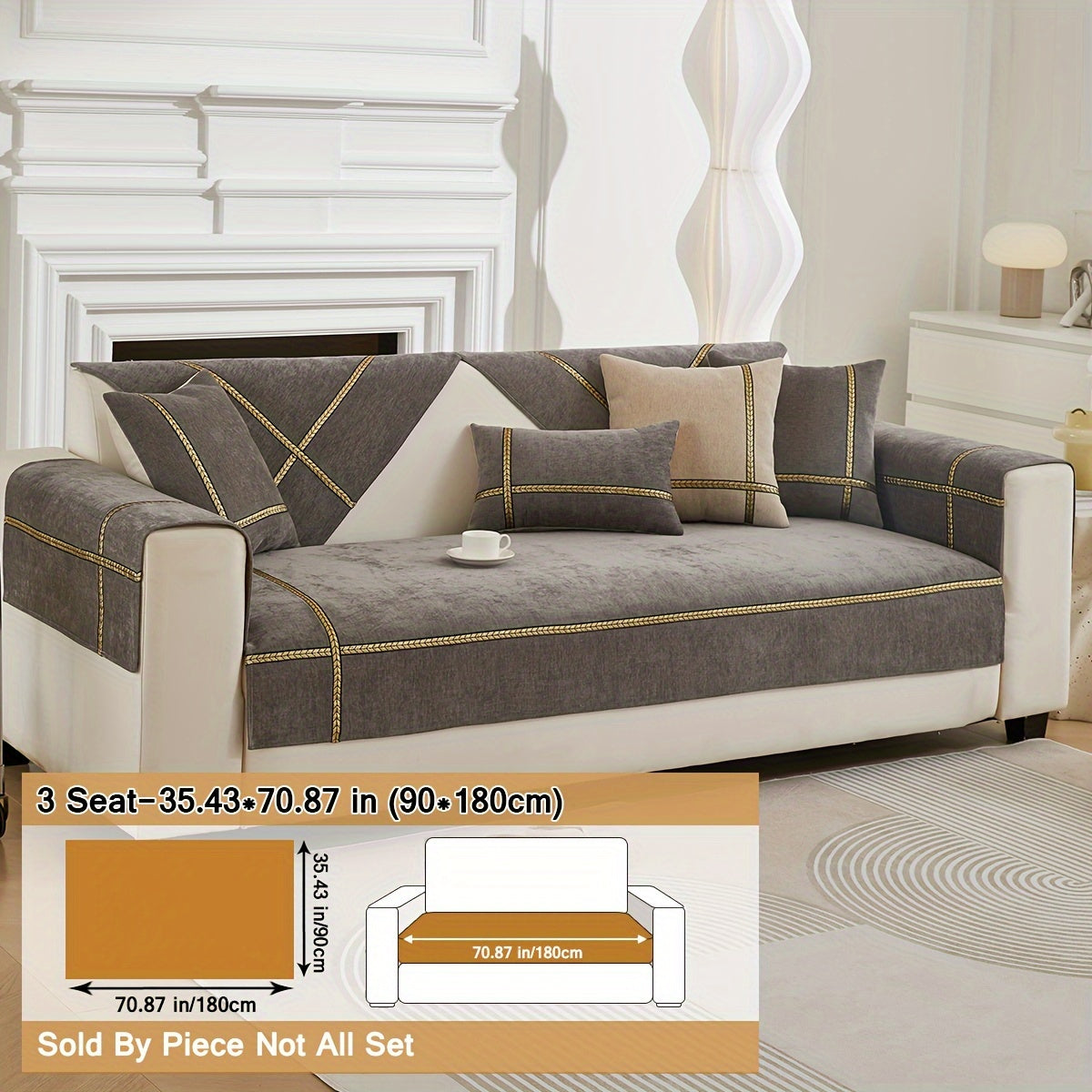 Серый чехол на диван из шенилля с золотой плетеной отделкой, противоскользящий, подходит для домашних животных, для 1-4 местных