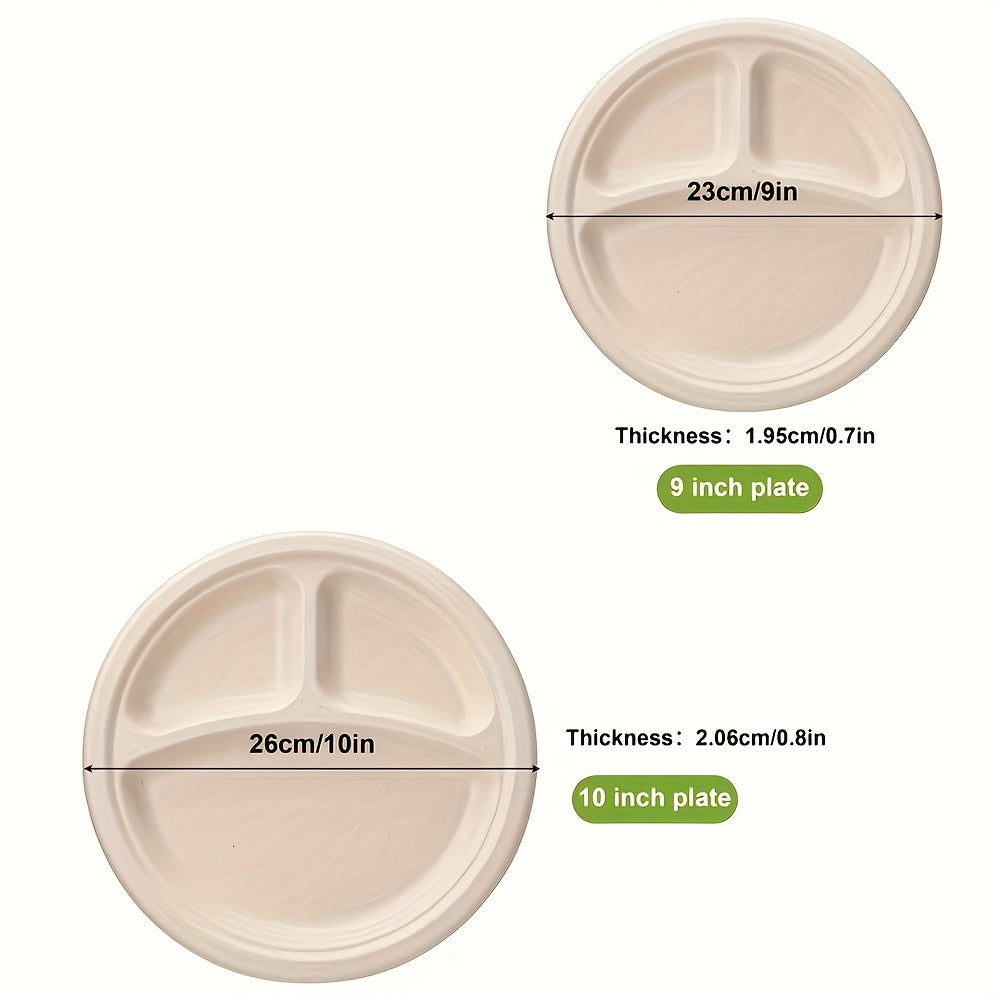 Set of 50 Biodegradable Disposable Paper Plates 9/10 Inch 3 Compartments for Parties