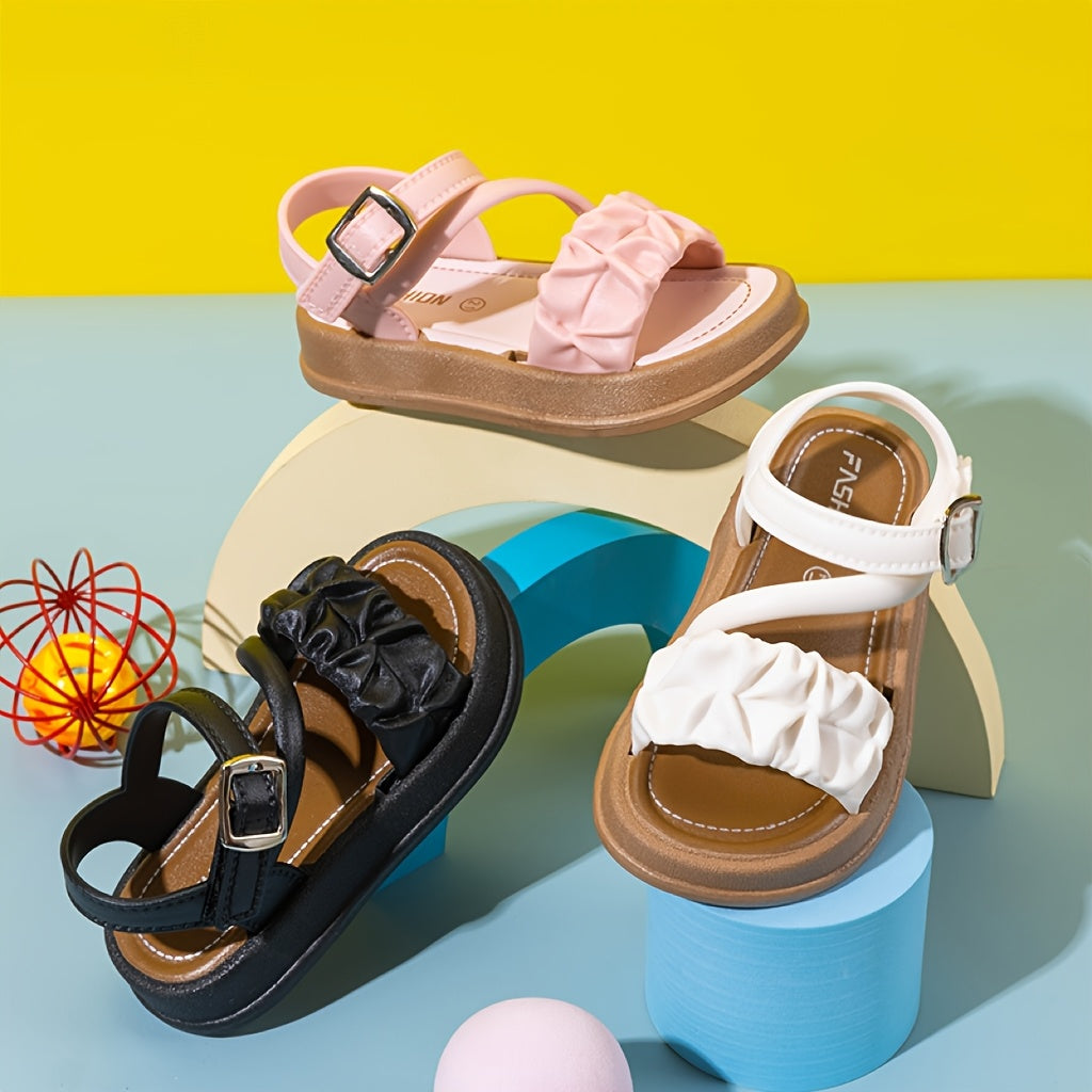 Girls Kids Black PVC Princess Sandals with Ruffled Design and Hook and Loop Closure