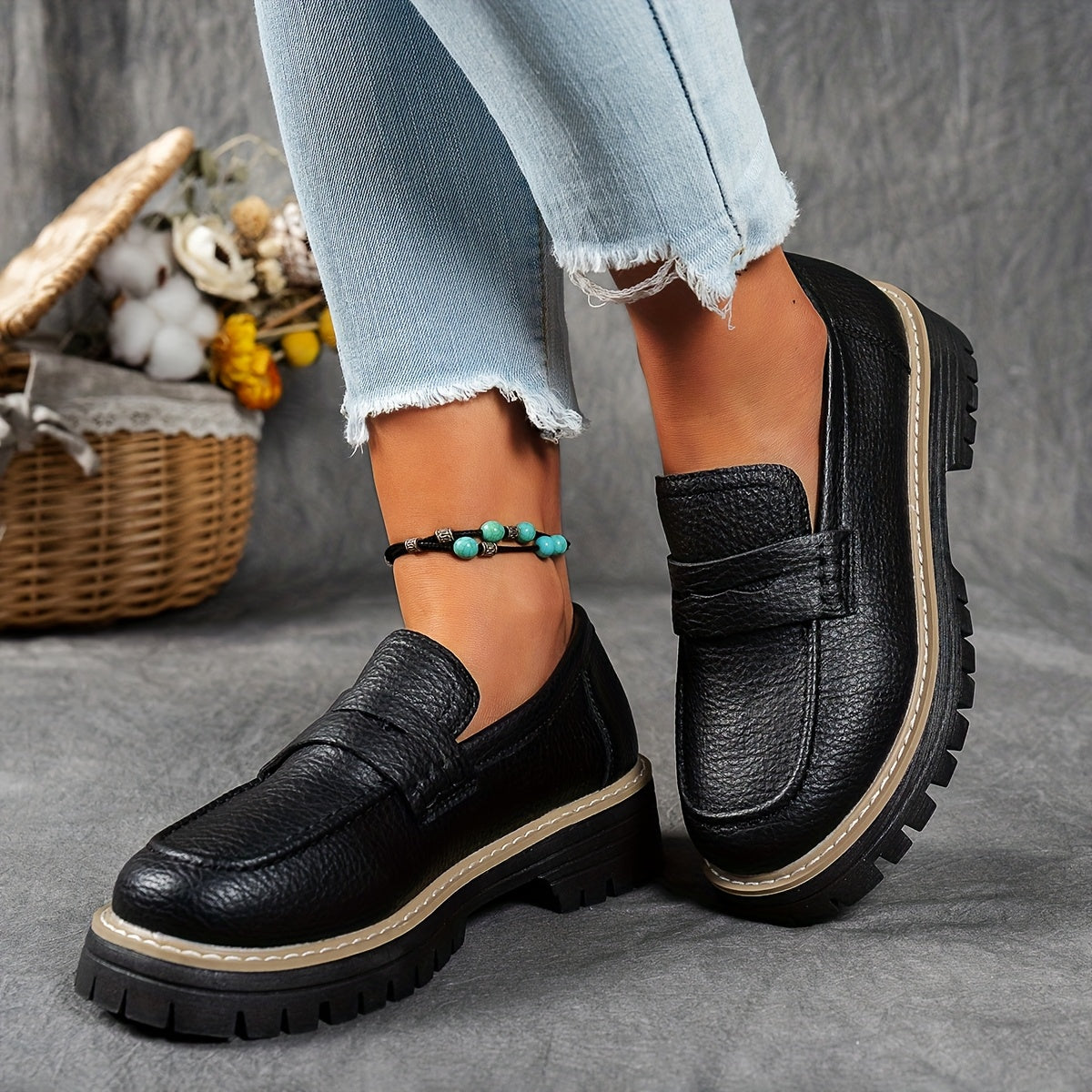 Women's Thick-Soled Loafers Solid Color British Style Casual Shoes