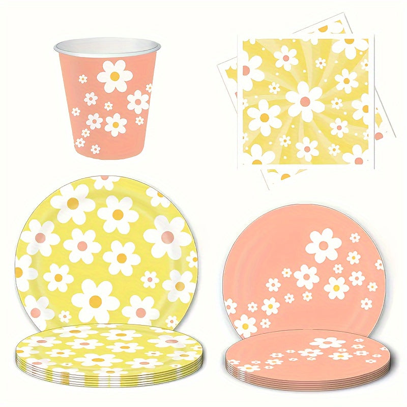 Bir martalik Daisy mavzusidagi kechki ovqat uchun to'plam 10 ta idishlar, chashka, salfetkalar, partiyaga mo'ljallangan bezaklar