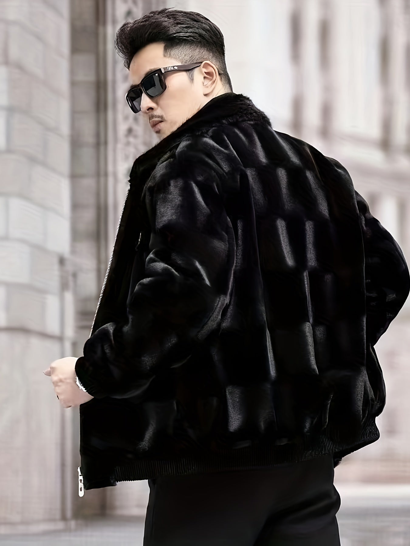 Erkaklar uchun tasodifiy sun'iy mink mo'ynali kurtka, bir rangli yaka, zip yopilishi, uzun yenglar, astarli, cho'zilmaydigan to'qilgan mato va qish uchun oddiy mos keladigan tor uslub.