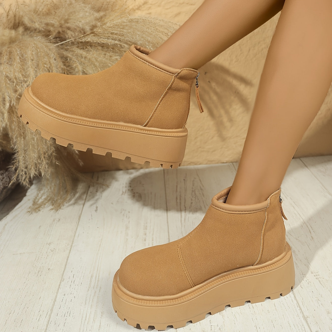 Women's Fleece-Lined Winter Boots Casual Round Toe Side Zipper Beige Black Brown