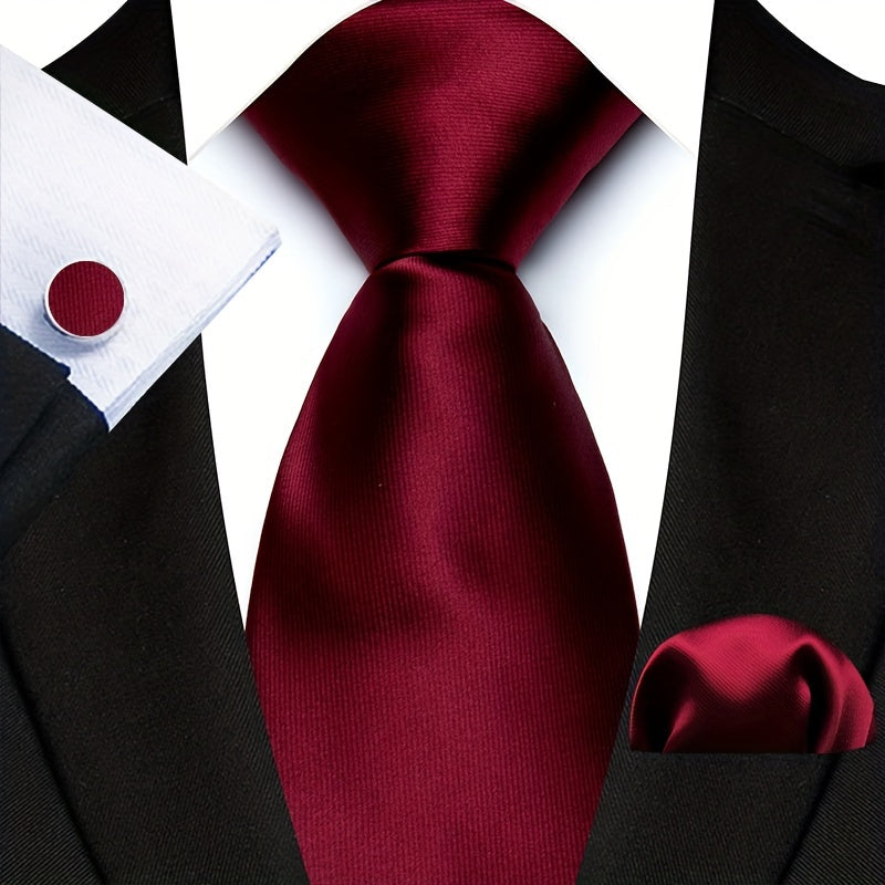Men's Set of 3 Plain Color Ties with Square Handkerchief and Cufflinks for Gifting