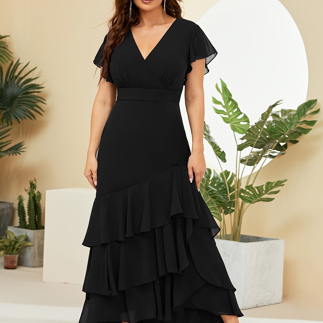 Vestido de talla grande con volante en el dobladillo, línea larga, manga flutter, para fiesta y glamour