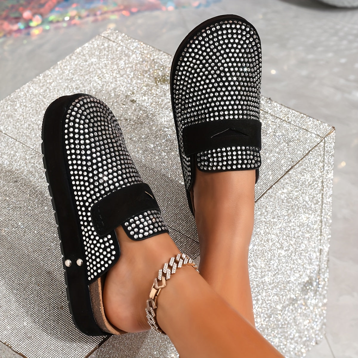 Women's Rhinestone Black Slip-On Mules with Thick Rubber Sole and Round Toe