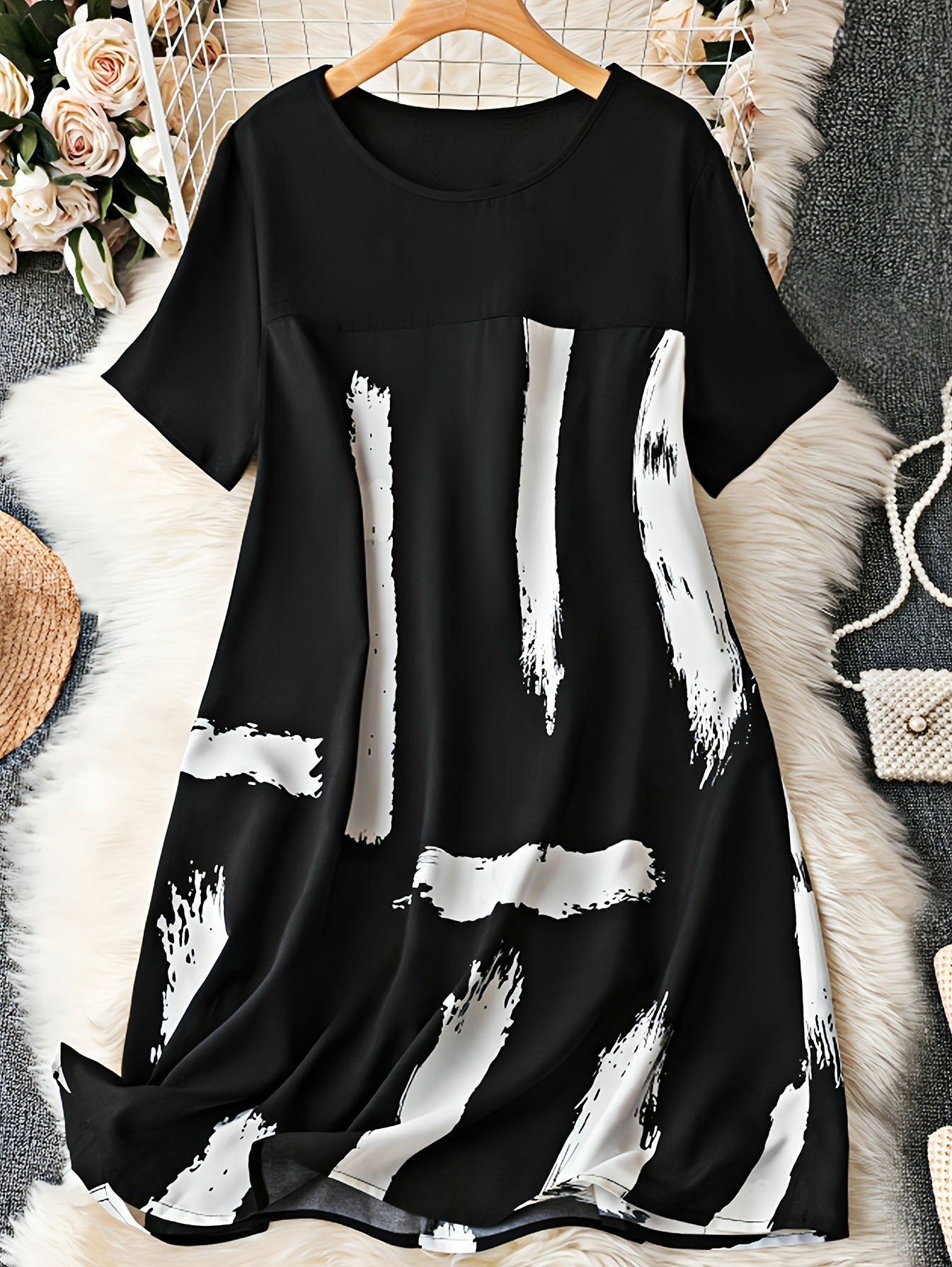 Платье с принтом кисти большого размера, короткий рукав, круглый вырез, повседневное лето для женщин