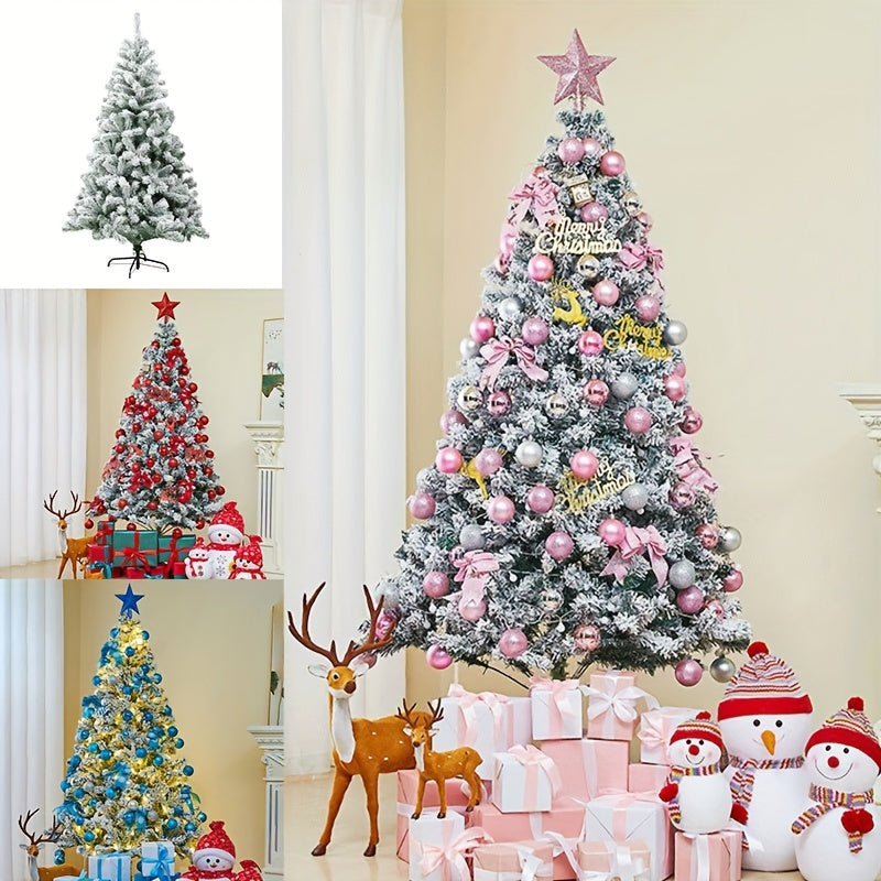 Lifelike Snow-Sprayed Christmas Tree Set with Ornaments Top Star and Letter Signs White Pink