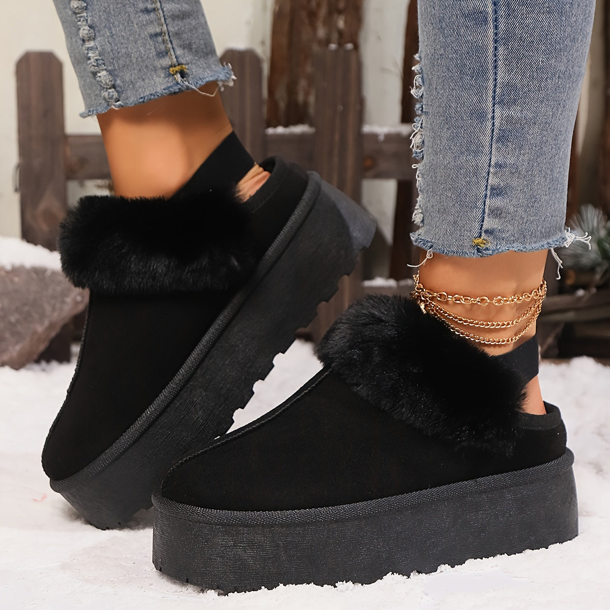 Women's Flannel Indoor Outdoor Slippers Snow Boots Faux Fur Trim