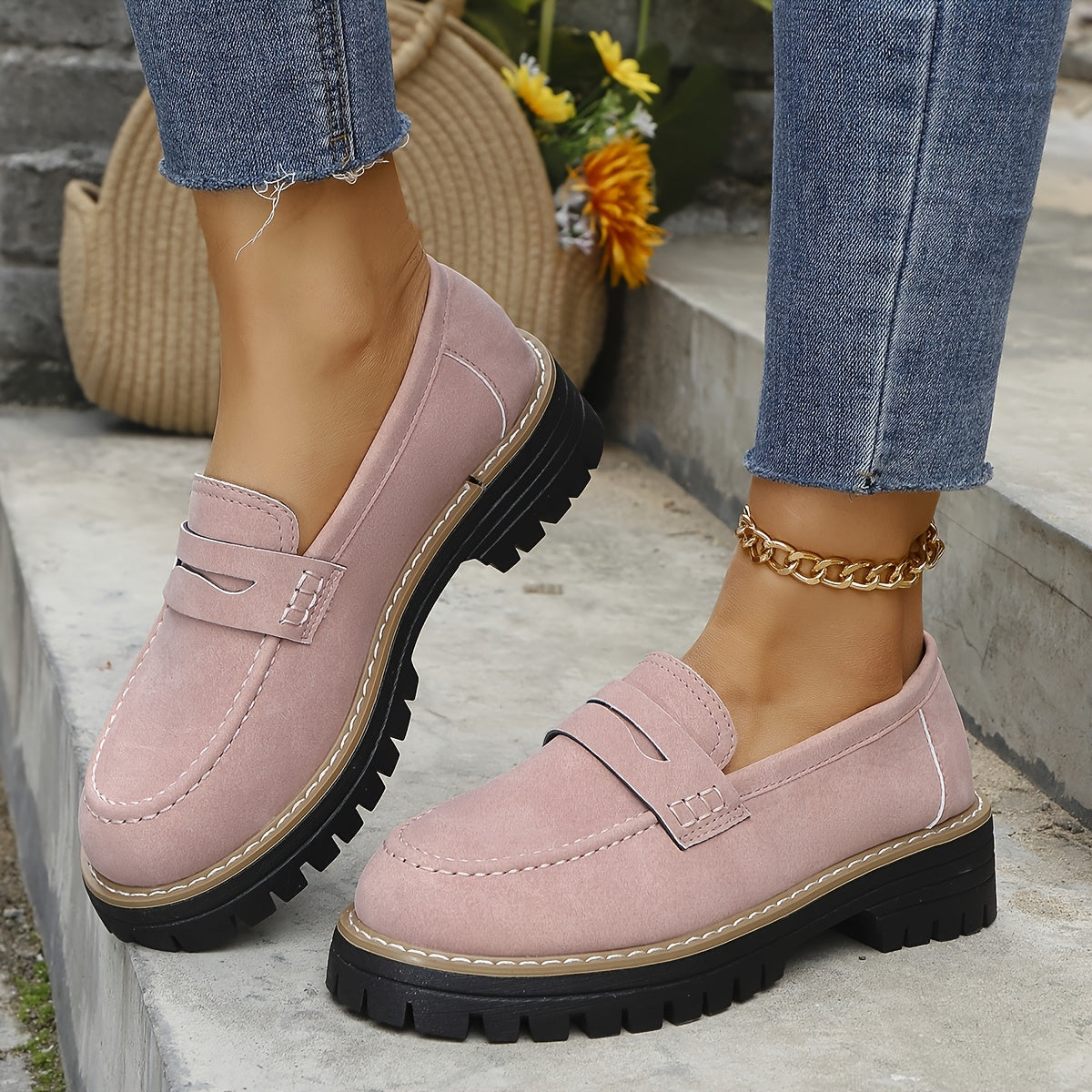 Women Vintage Penny Loafers Faux Leather Casual Slip-On Round Toe Durable EVA Sole