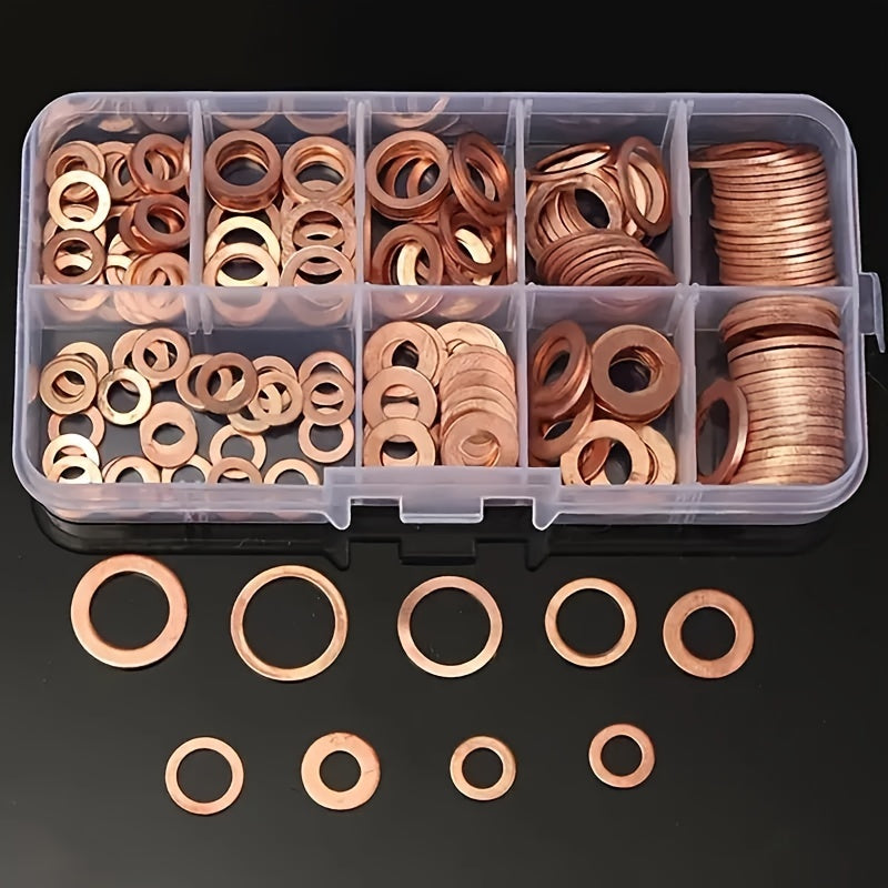 100pcs Copper Washer Gasket Nut and Bolt Set Flat Ring Seal Assortment Kit