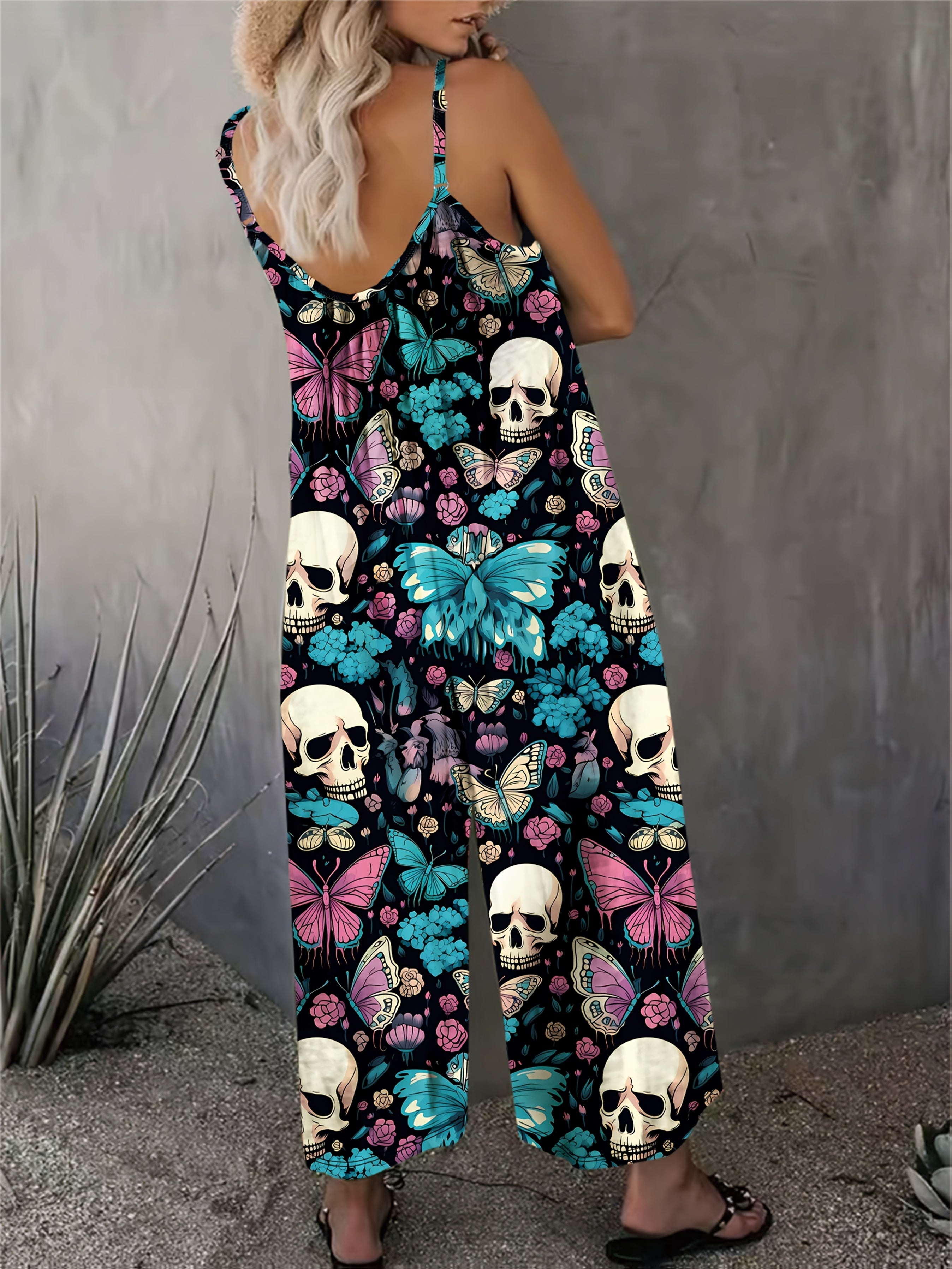Women's Gothic Floral and Skull Print Overalls - Blue Pink Wide-Leg Jumpsuit