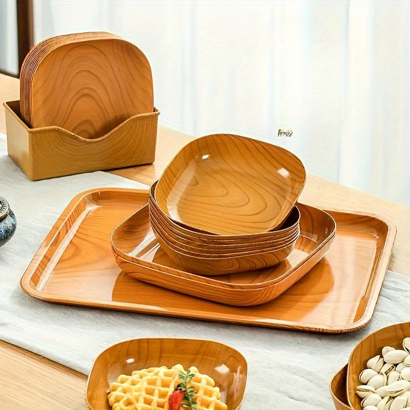 8-Piece Plastic Serving Plates Set with Japanese Wood Grain Design for Snacks and Desserts