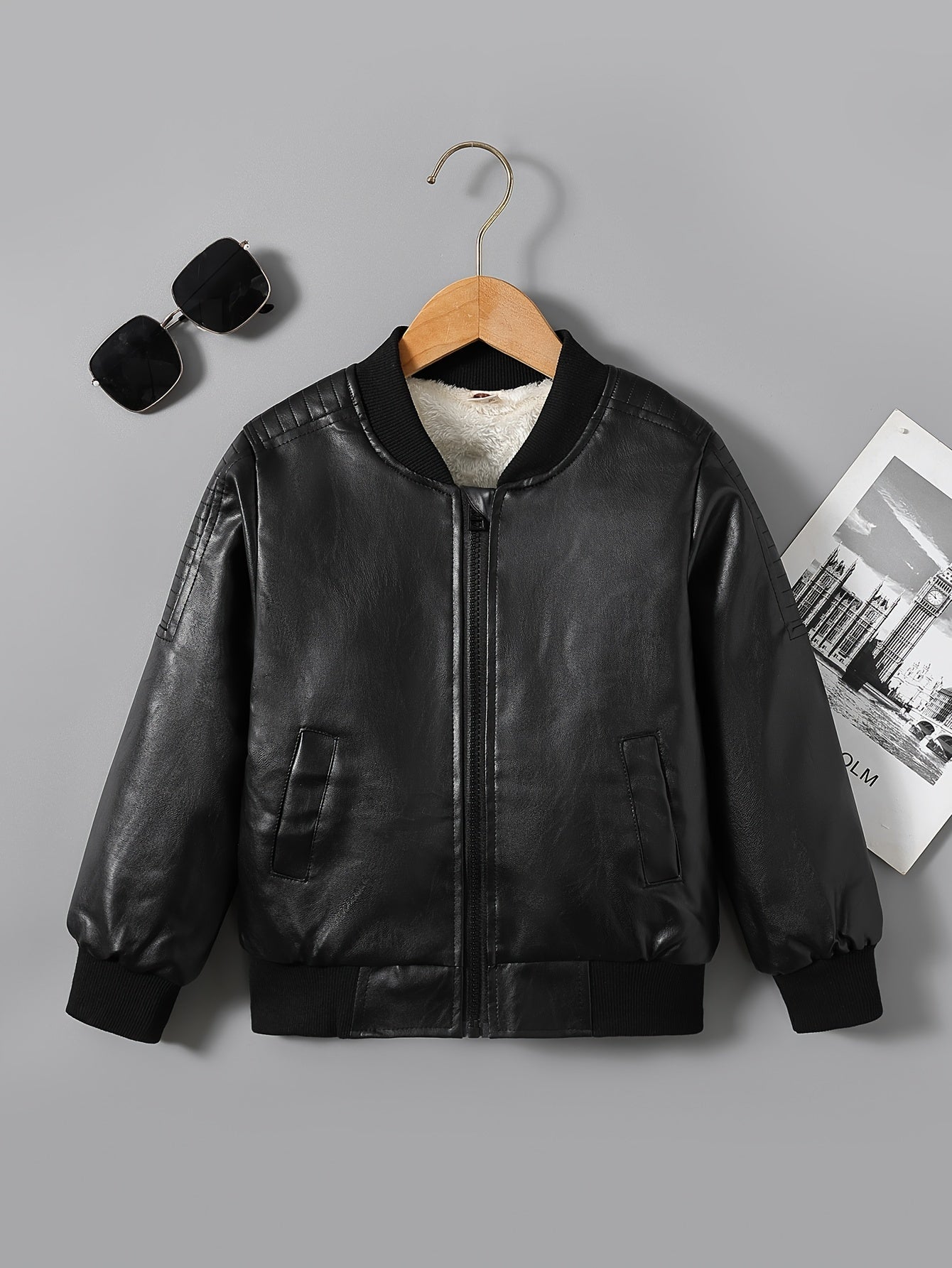 Boys Fleece-Lined Zip-Up Jacket for Fall Winter with Stand Collar