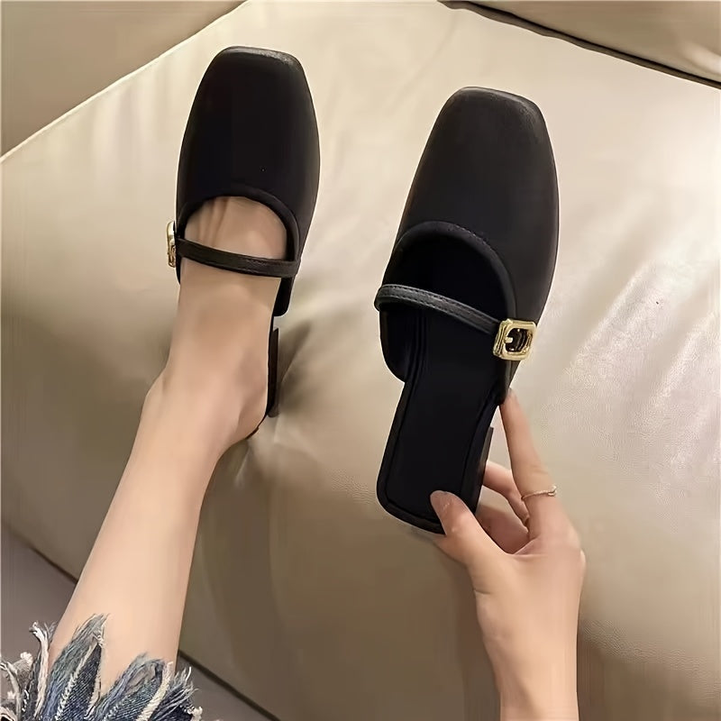 Women Square Toe Mules with Adjustable Strap Soft Sole Slip-On Casual Shoes
