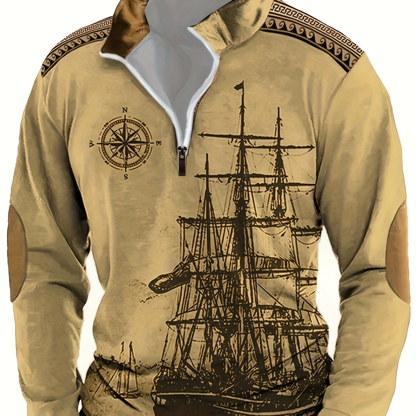 Men's Nautical Ship Print Henley Sweatshirt Polyester Fall Winter Casual Loose Fit