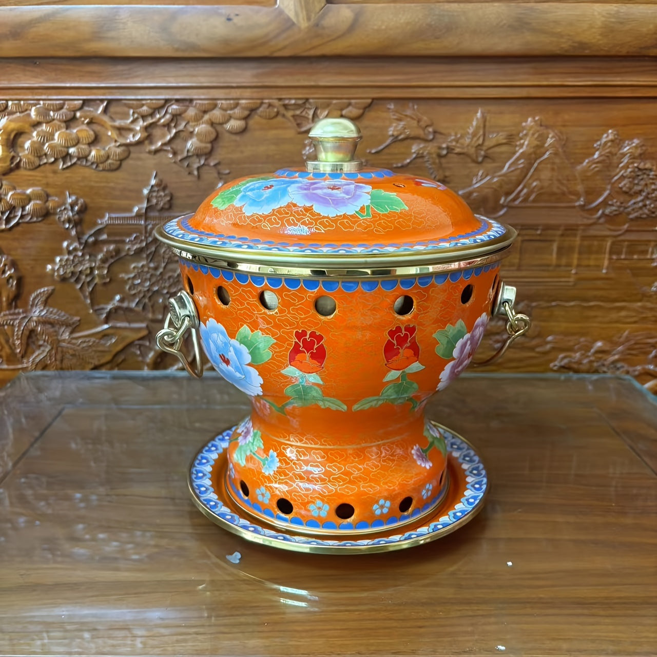 Yellow Floral Enamel Hot Pot with Brass Lining for Family or Individual Use