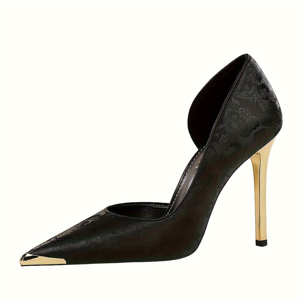 Women Satin High Heels with Slender Heel and Metallic Toe