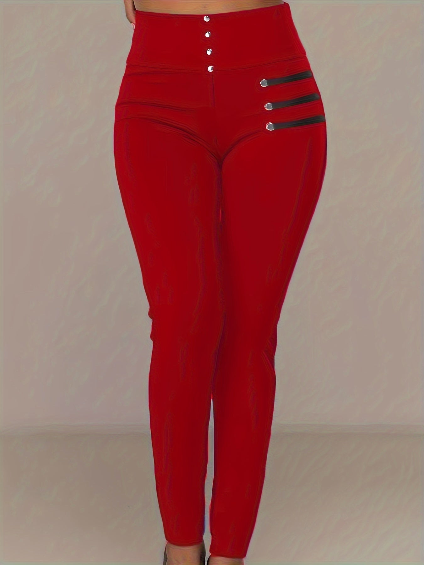 Women's High-Waisted Skinny Pants Dark Blue Faux Button Stretch Polyester Casual