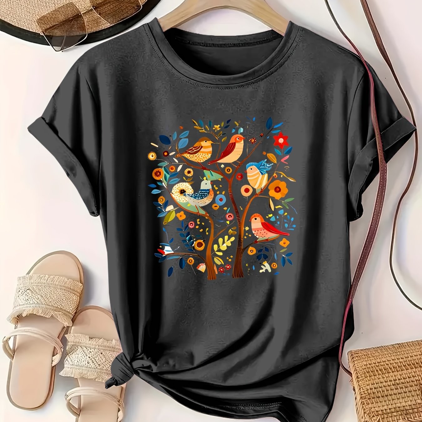 Camiseta de algodón casual para mujer de tallas grandes con estampado de aves coloridas
