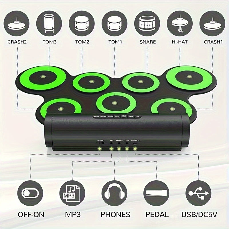 "Quloqchinlar bilan Roll-Up Elektron Baraban To'plami, USB Zaryadlanadigan, ABS Material, Ikki Dinamik, ≤36V Ishlash Voltaji - Bolalar uchun Rojdestvo va Tug'ilgan Kun Sovg'alari uchun Mukammal."