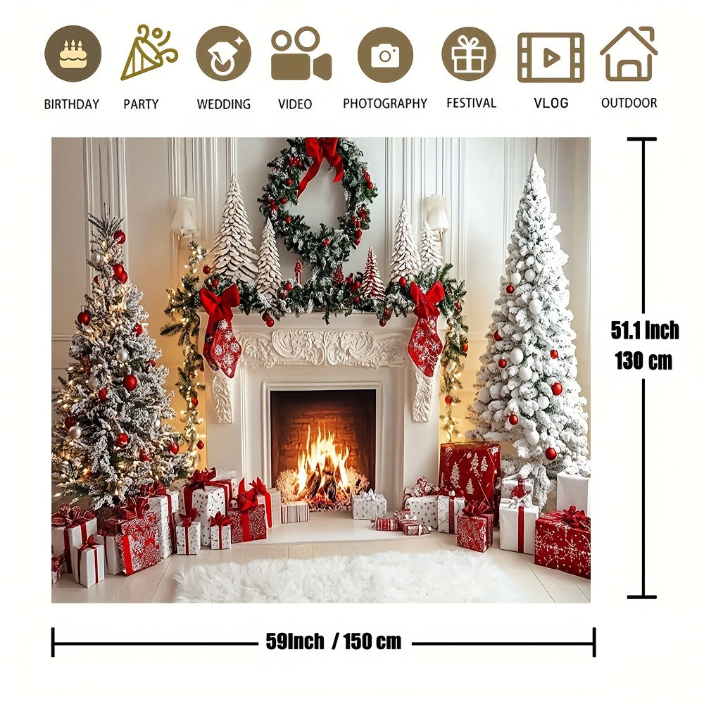 Christmas Fireplace Backdrop Polyester Holiday Photo Booth Decor