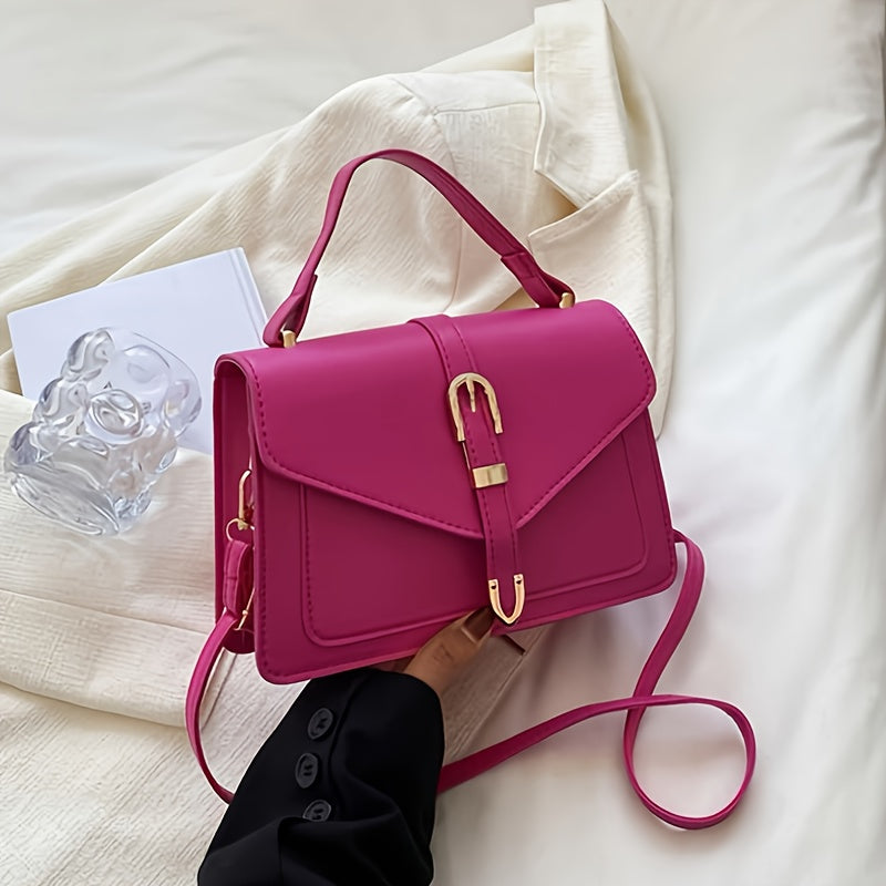 White PU Crossbody Bag with Buckle Closure and Metallic Accents for Women