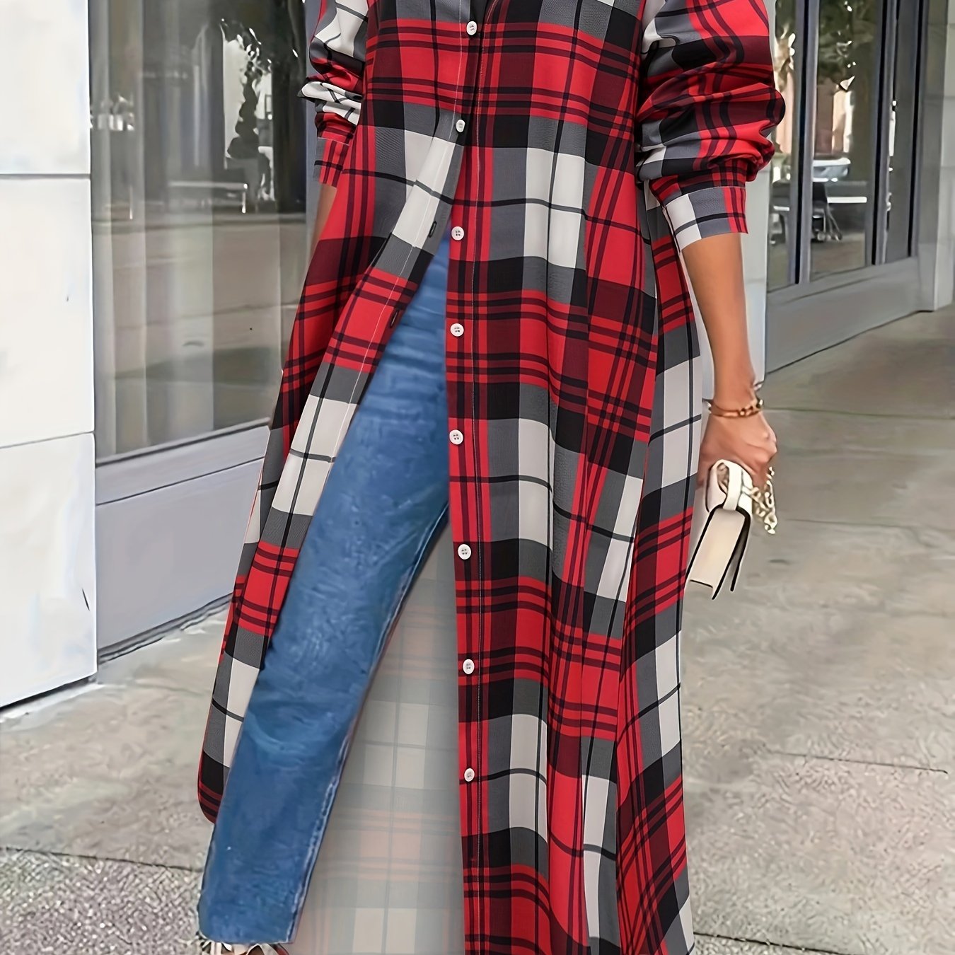 Plus o'lchamli tekislangan kofta, kundalik, uzun qo'l, tugma oldi, ayollar uchun