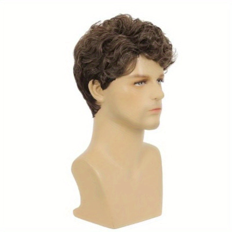 Men's Short Curly Brown Wig, Fluffy Voluminous Synthetic Hairpiece for Daily Wear