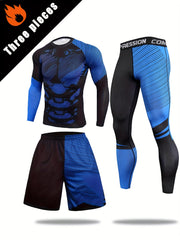 Men's Quick-Drying Sports Suit 3-Piece Long Sleeve Compression T-Shirt Shorts Leggings