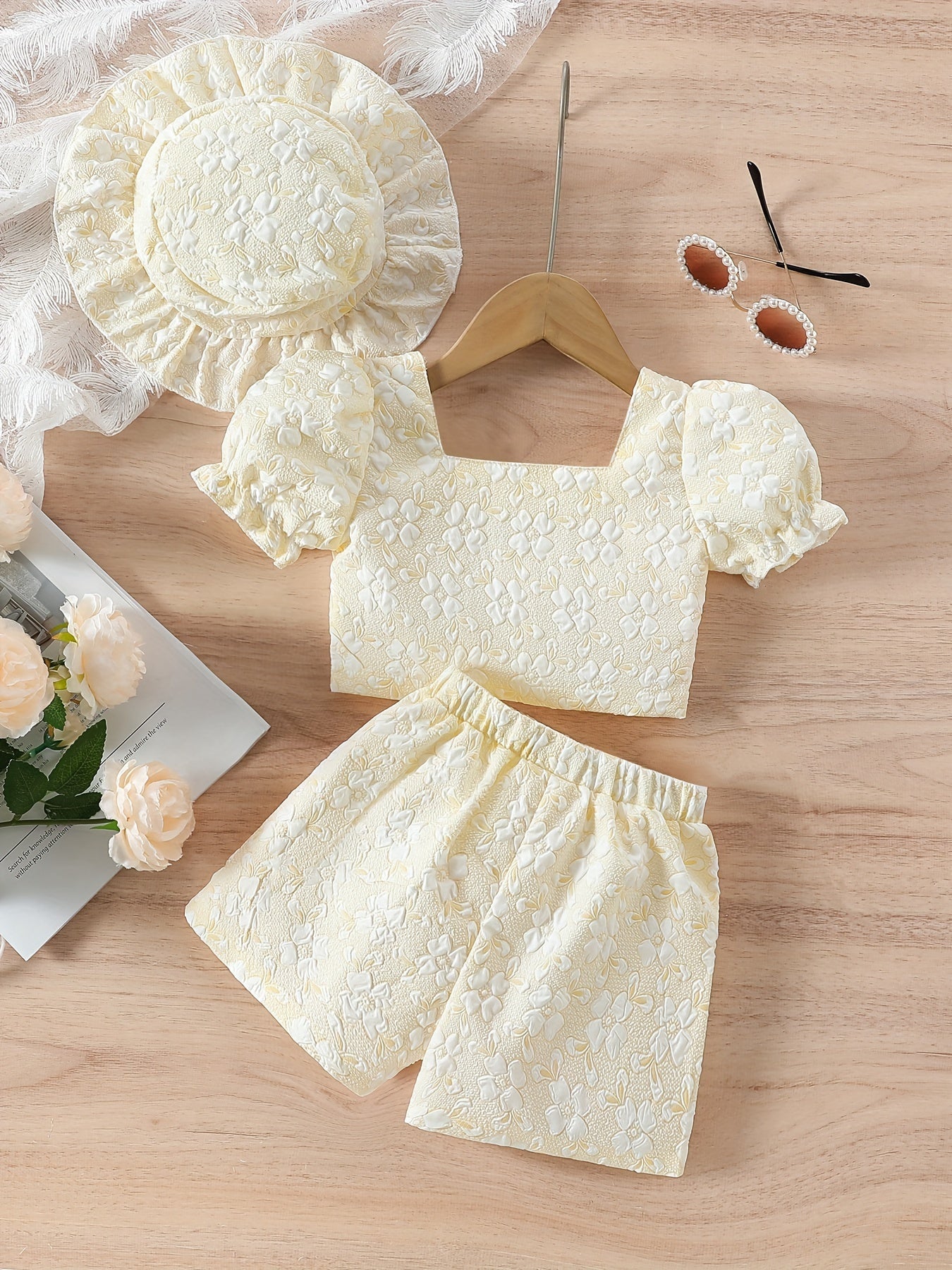 Baby Girls Summer Outfit Floral Jacquard Puff Sleeve Crop Top Shorts Hat Casual 12 Months