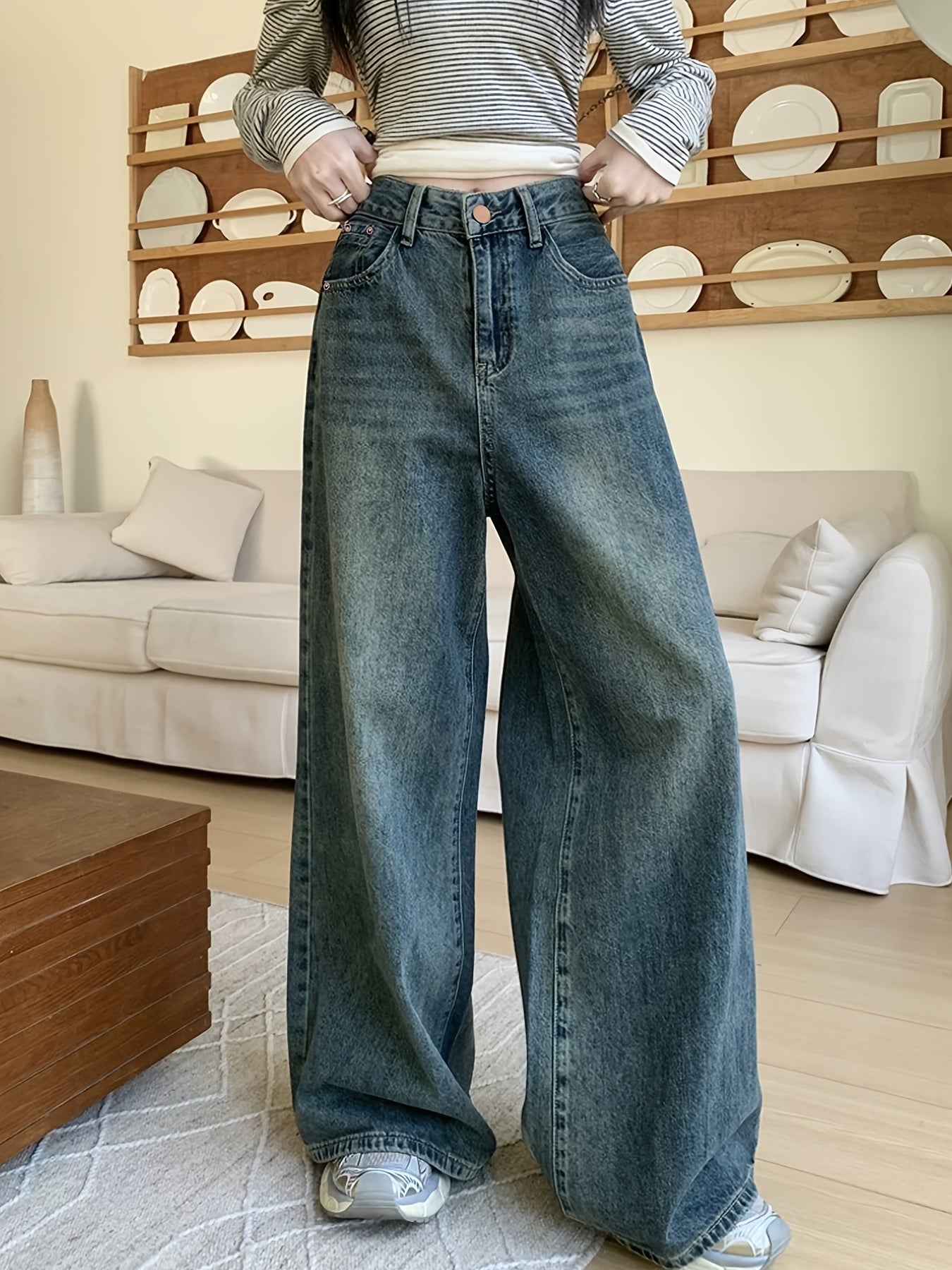 Jeans de mezclilla de tiro alto y pierna ancha para mujer, casual, de color sólido, sin elasticidad, con cierre de cremallera, para todas las estaciones