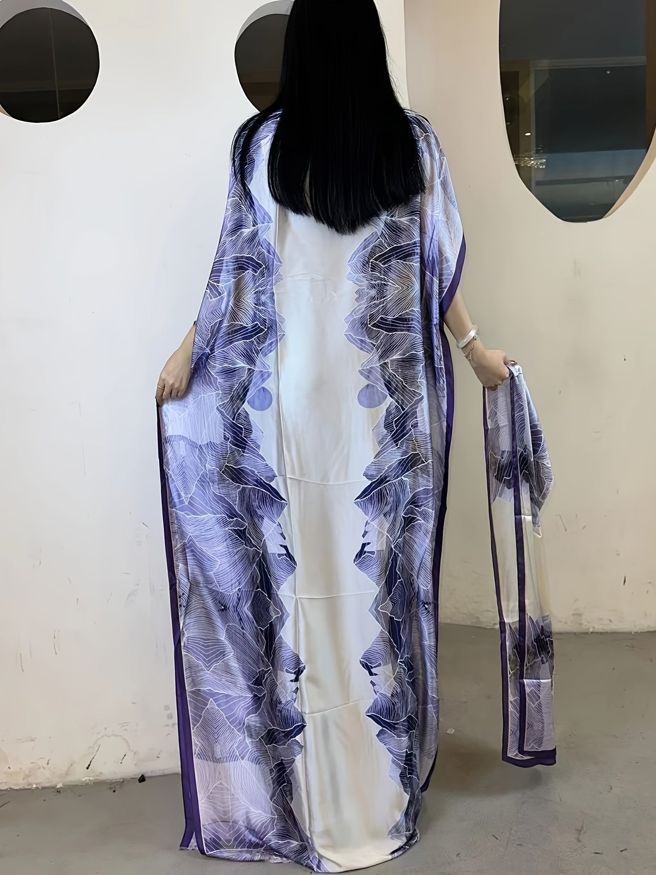 Women's Floral Print Boat Neck Abaya Maxi Dress with Batwing Sleeves