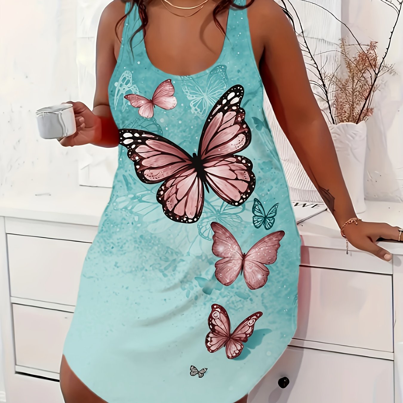 Plus Size Light Blue Butterfly Print Nightgown Womens Sleepwear Soft Comfortable