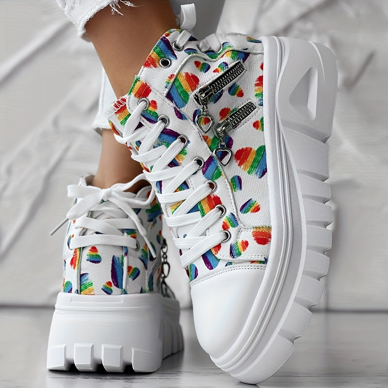 Women's Mid-Top Rainbow Heart Sneakers with Chunky Rubber Sole