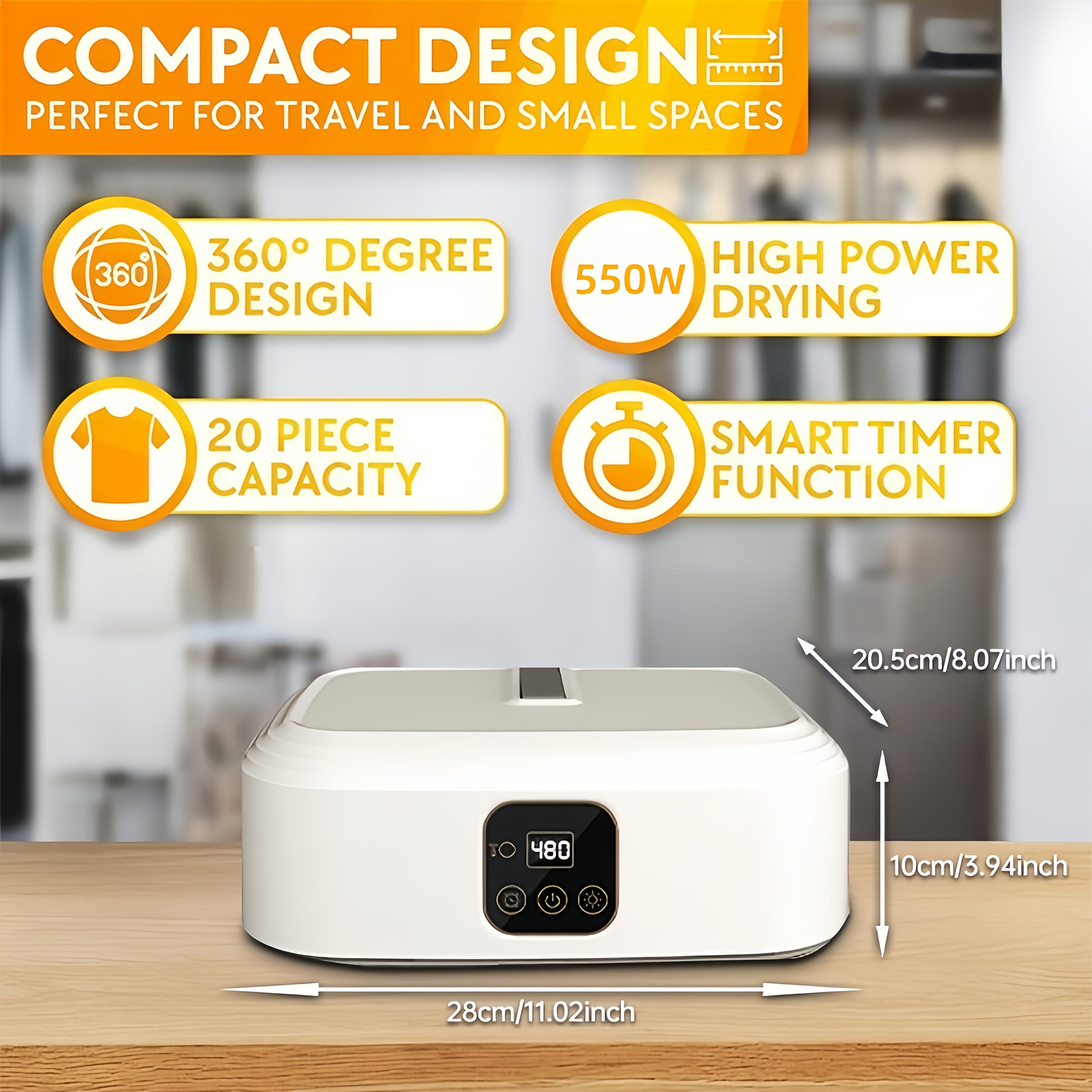 Plug-in Folding Clothes Dryer 550W Yuqori quvvatli tez quritish aqlli tegish