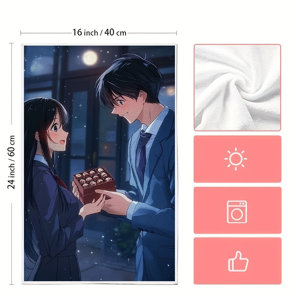 Set of 2 Ultra-Soft Kitchen Towels Anime Boy Black Hair Blue Suit Gift Chocolate Absorbent Dish Towels