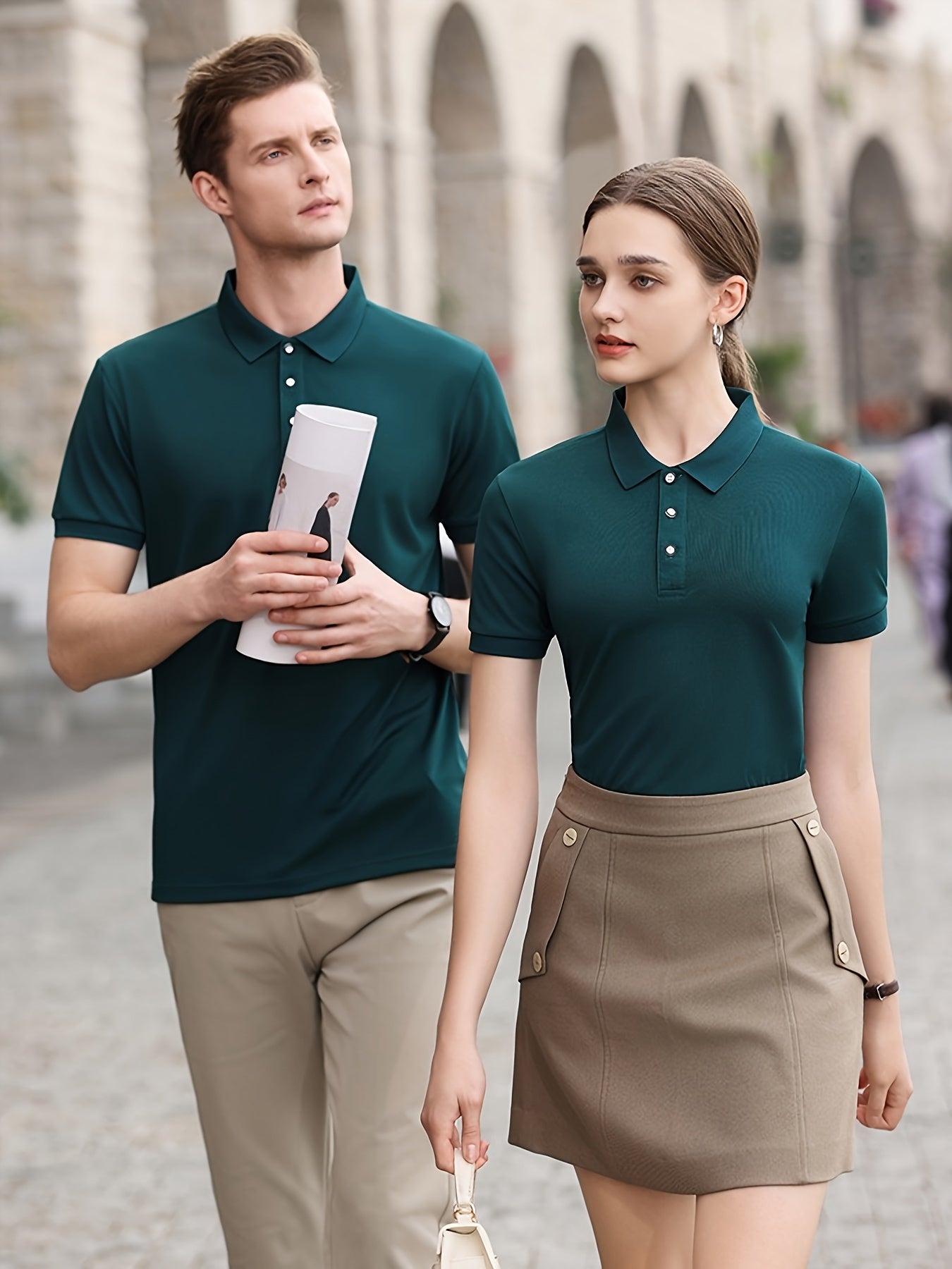 Camisa de punto de poliéster verde de manga corta casual de verano para hombre con detalles de botones