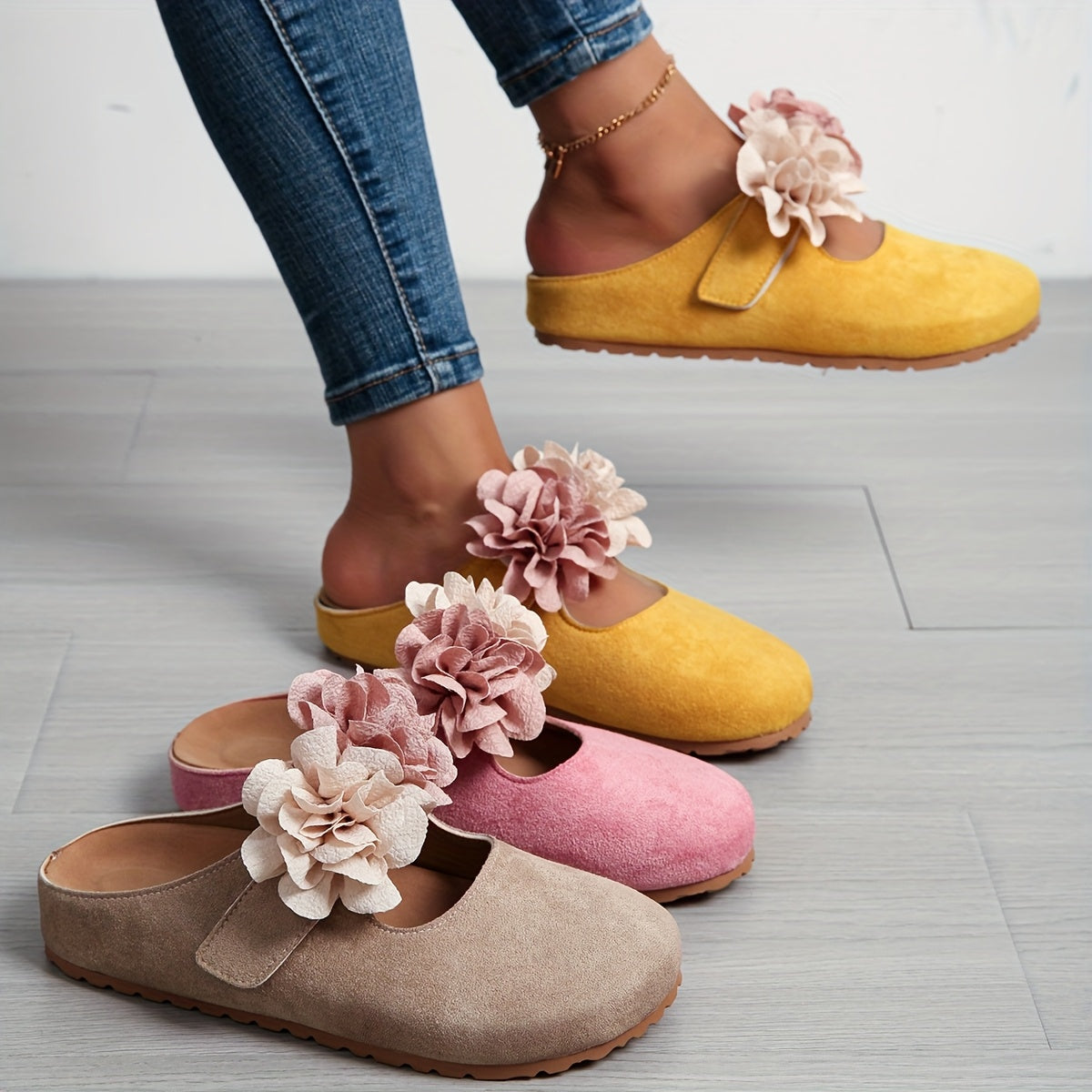 Women's Floral Embellished Slip-On Mules, Soft Fabric, Thick EVA Sole