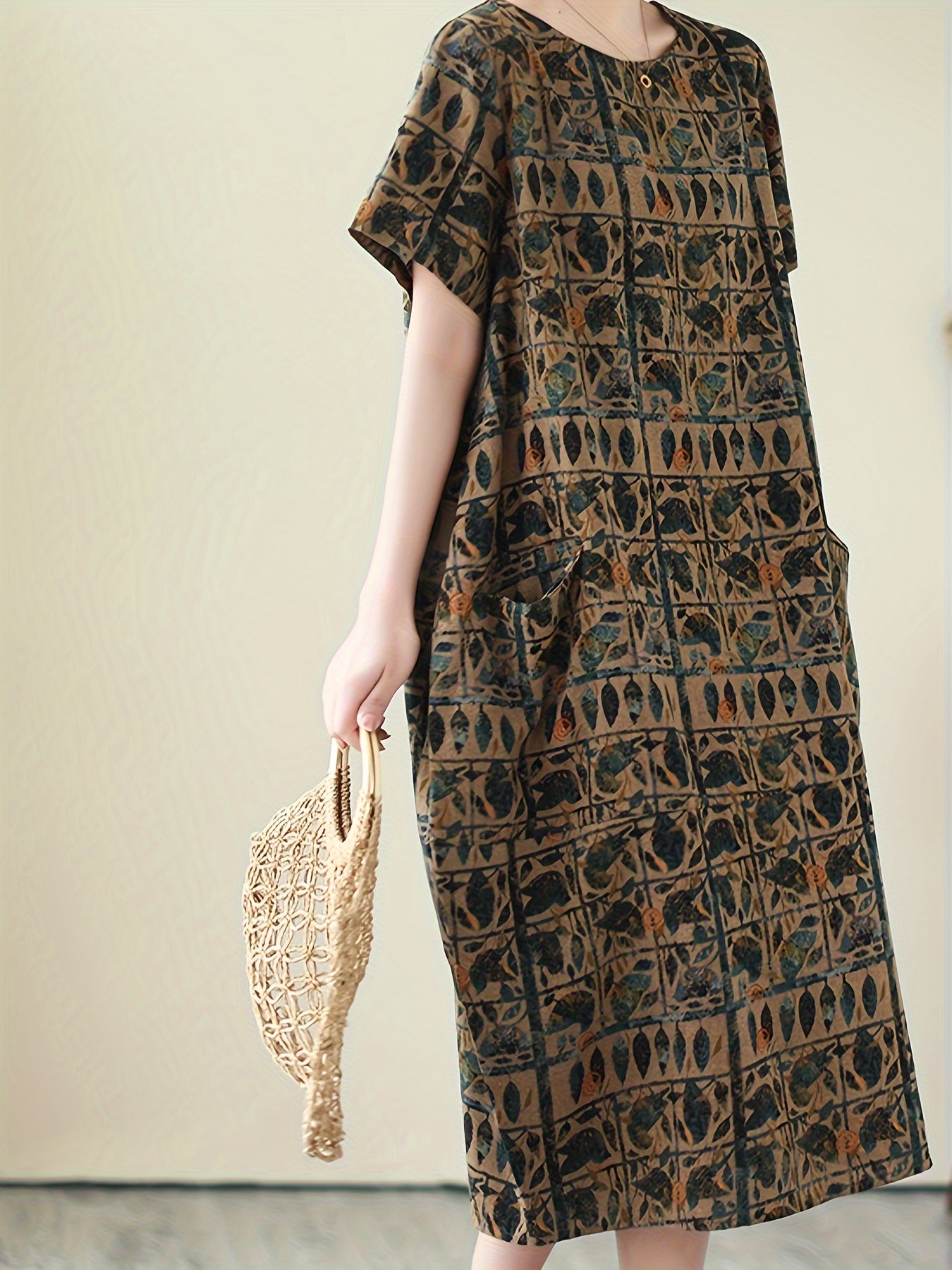 Vestido de lino para adultos de manga corta con estampado de primavera y verano y bolsillos