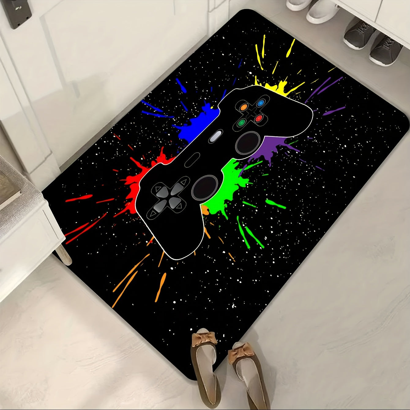 Gaming Area Rug with Gamepad Theme, Washable, Cyberpunk Style for Living Room