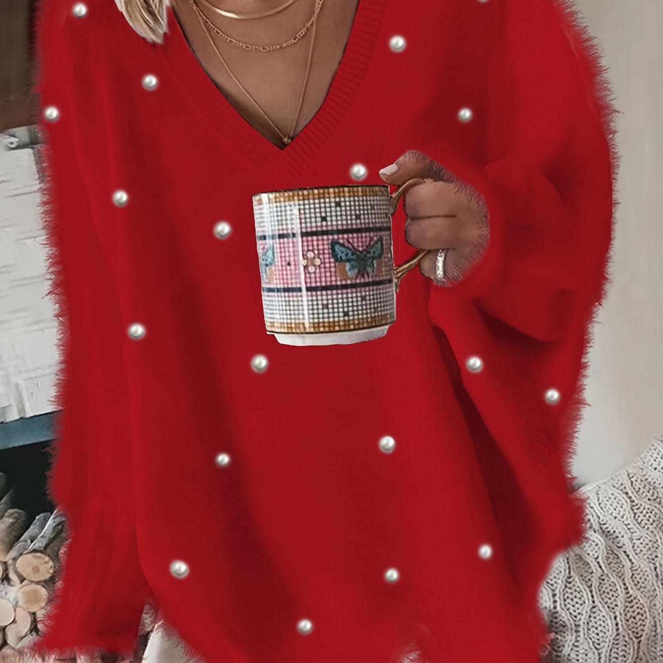 Plus Size Women's Yellow V-Neck Sweater Fleece-Lined Cuffs Geometric Pattern